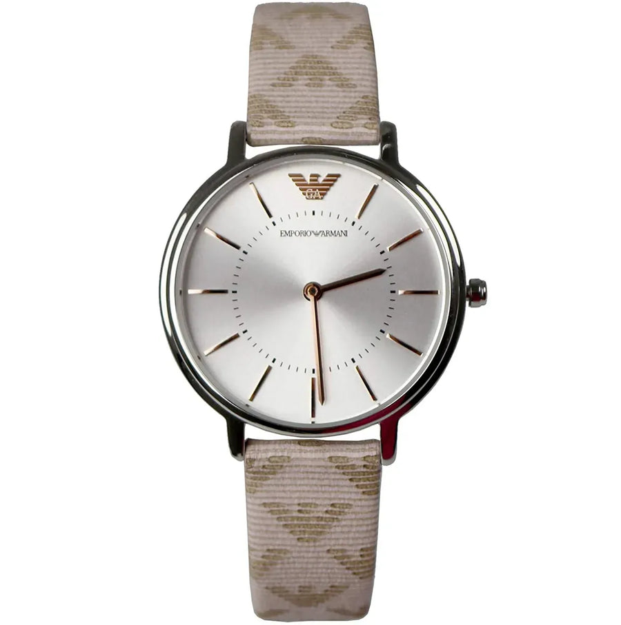 Emporio Armani Gianni T Bar Quartz Silver Dial Beige Leather Strap Watch For Women - AR80007