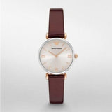 Emporio Armani Gianni T-Bar Quartz Silver Dial Brown Leather Strap Watch For Women - AR11061