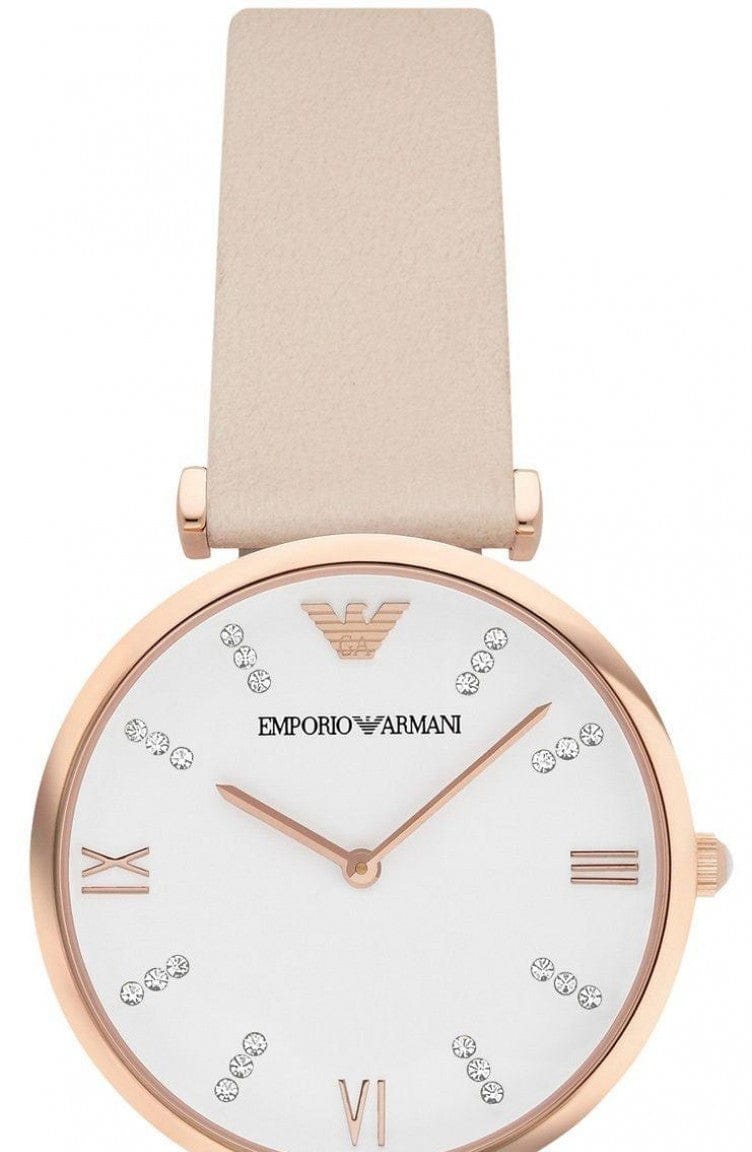 Emporio Armani Gianni T Bar Quartz White Dial Beige Leather Strap Watch For Women - AR1927