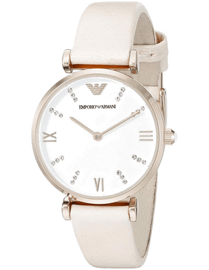 Emporio Armani Gianni T Bar Quartz White Dial Beige Leather Strap Watch For Women - AR1927