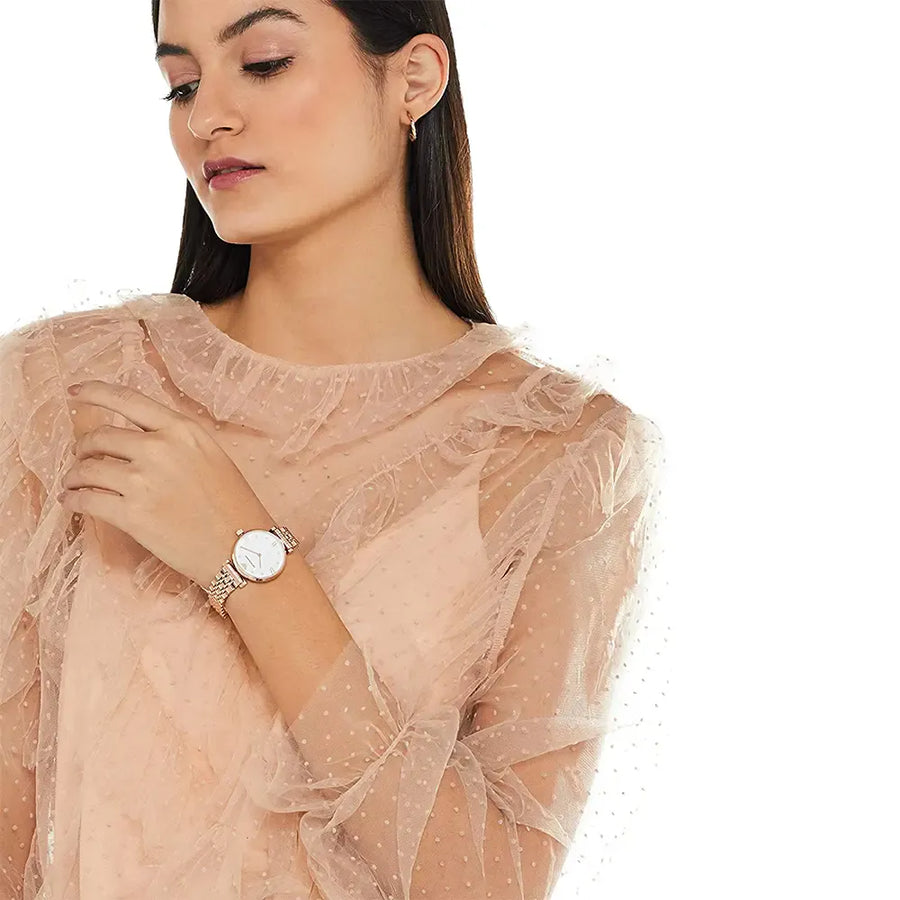 Emporio Armani Gianni T-Bar Quartz White Dial Rose Gold Steel Strap Watch For Women - AR11267
