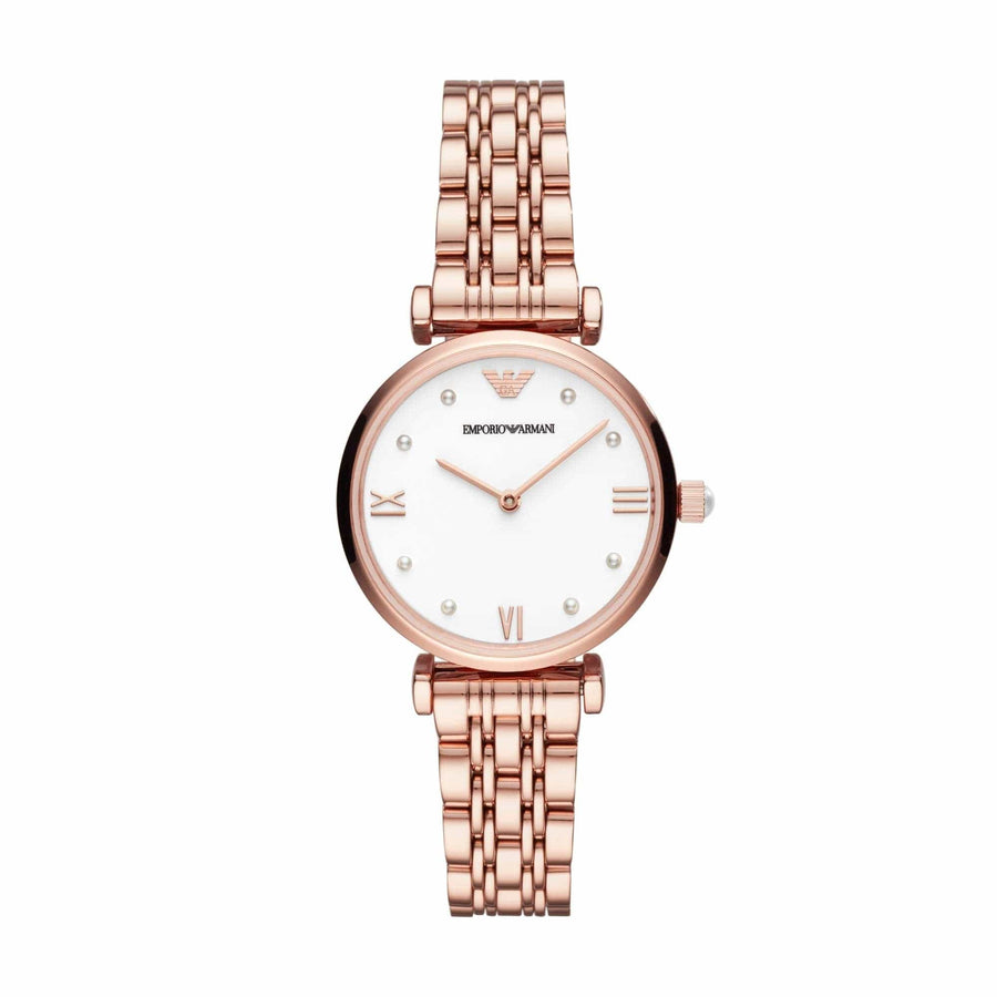 Emporio Armani Gianni T-Bar Quartz White Dial Rose Gold Steel Strap Watch For Women - AR11267