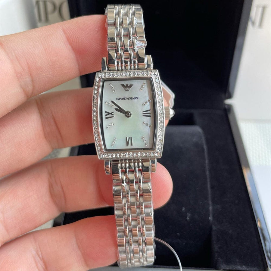 Emporio Armani Gianni T-Bar Quartz White Dial Silver Steel Strap Watch For Women - AR11405