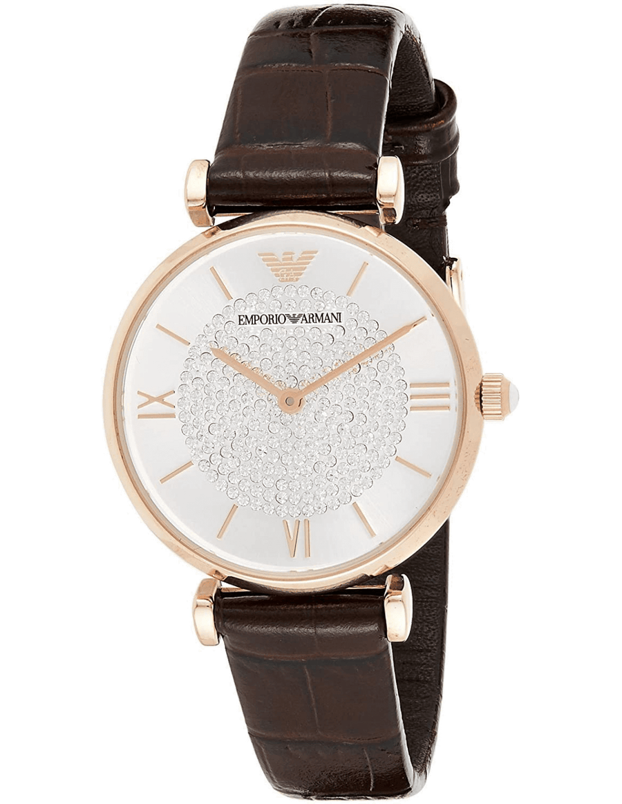 Emporio Armani Gianni T-Bar Silver Dial Brown Leather Strap Watch For Women - AR11269