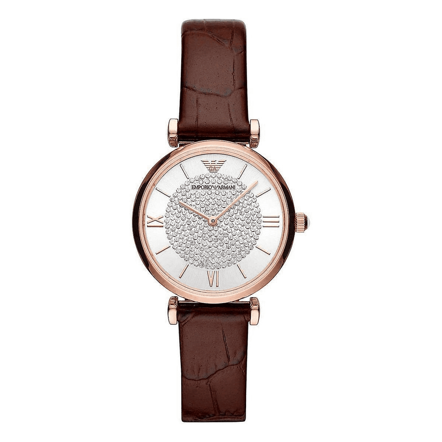 Emporio Armani Gianni T-Bar Silver Dial Brown Leather Strap Watch For Women - AR11269
