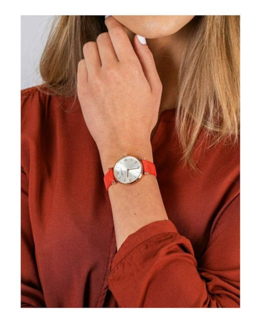 Emporio Armani Gianni T Bar Silver Dial Red Leather Strap Watch For Women - AR1876