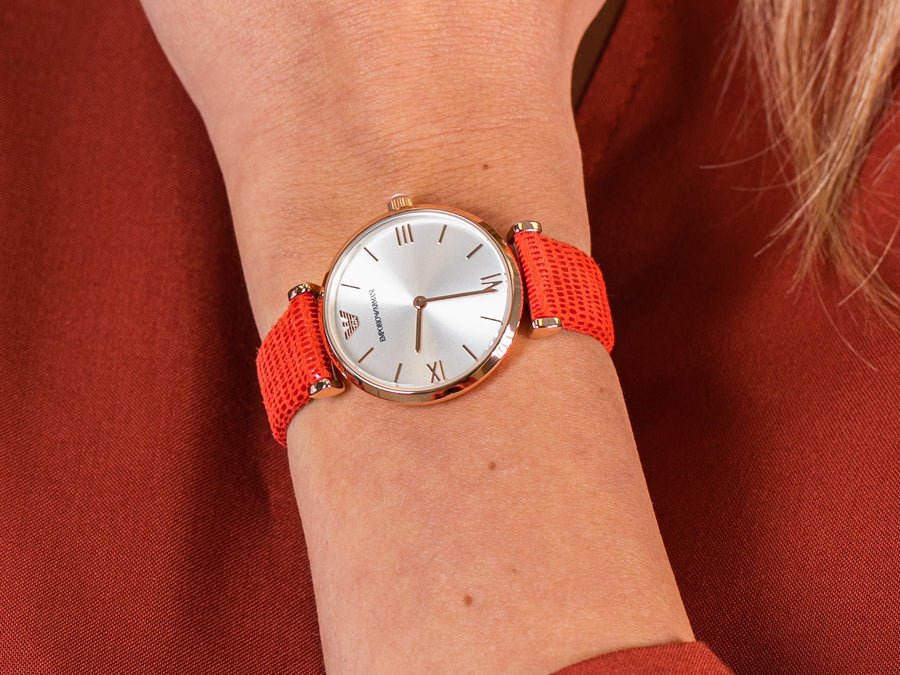 Emporio Armani Gianni T Bar Silver Dial Red Leather Strap Watch For Women - AR1876