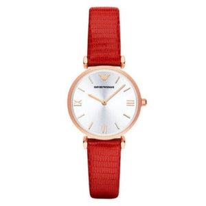 Emporio Armani Gianni T Bar Silver Dial Red Leather Strap Watch For Women - AR1876