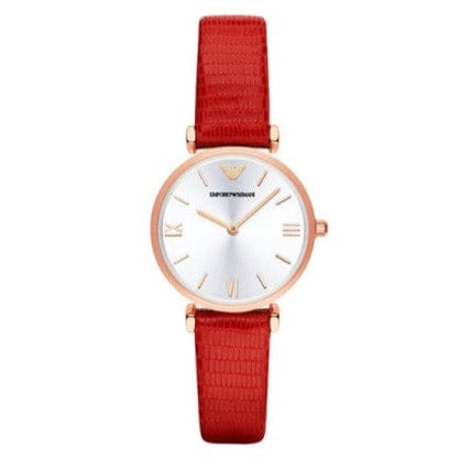 Emporio Armani Gianni T Bar Silver Dial Red Leather Strap Watch For Women - AR1876