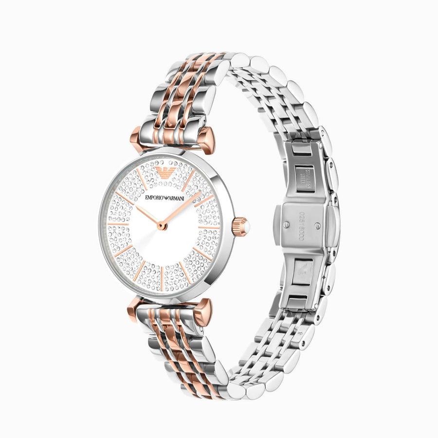 Emporio Armani Gianni T Bar Silver Dial Two Tone Steel Strap Watch for Women - AR11537