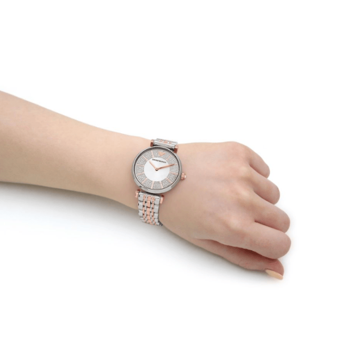 Emporio Armani Gianni T Bar Silver Dial Two Tone Steel Strap Watch for Women - AR11537