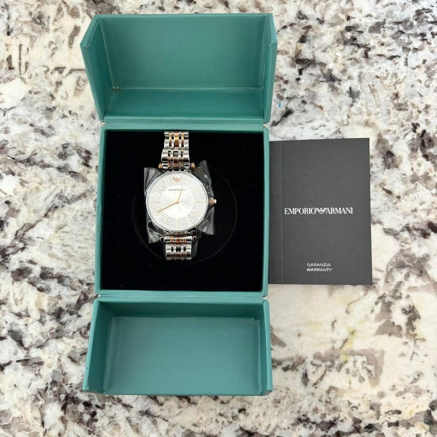 Emporio Armani Gianni T Bar Silver Dial Two Tone Steel Strap Watch for Women - AR11537