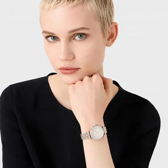 Emporio Armani Gianni T Bar Silver Dial Two Tone Steel Strap Watch for Women - AR11537