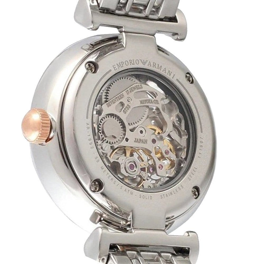 Emporio Armani Gianni T Bar Silver Skeleton Dial Two Tone Strap Watch For Women - AR1992