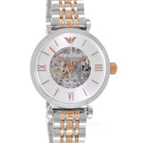 Emporio Armani Gianni T Bar Silver Skeleton Dial Two Tone Strap Watch For Women - AR1992