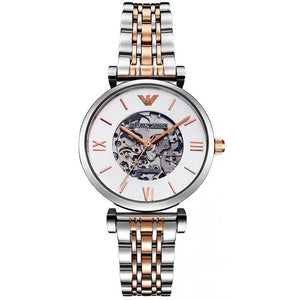Emporio Armani Gianni T Bar Silver Skeleton Dial Two Tone Strap Watch For Women - AR1992