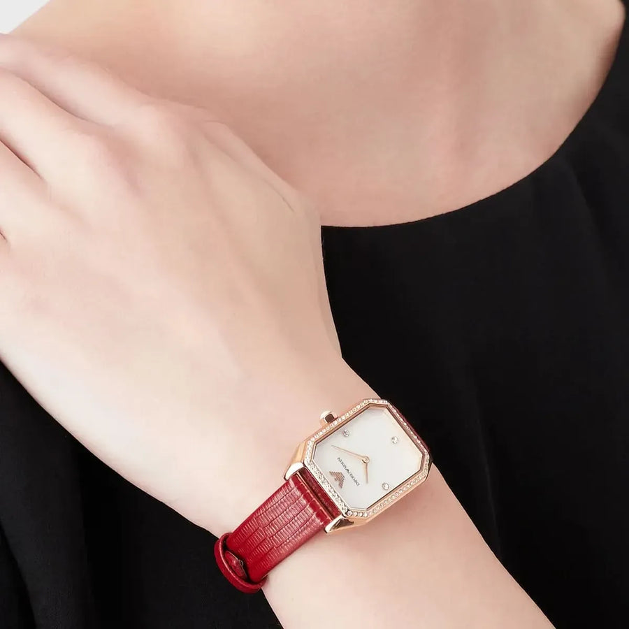 Emporio Armani Gianni T Bar Two-Hand Mother of Pearl Dial Red Leather Strap Watch For Women - AR11467