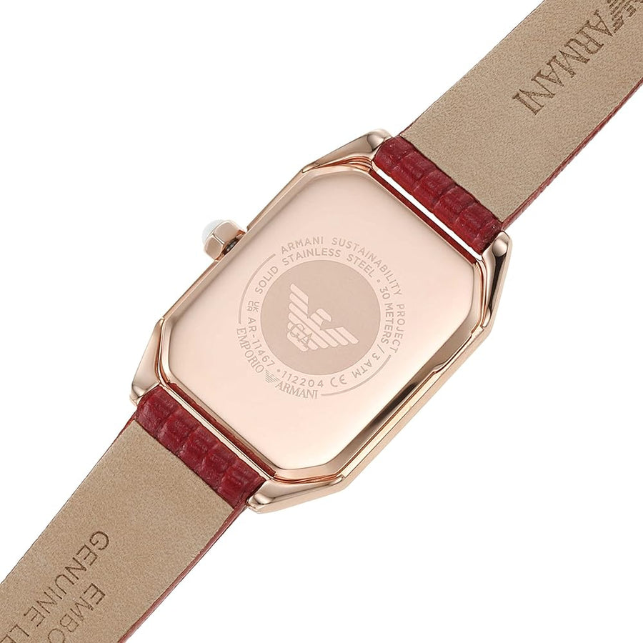 Emporio Armani Gianni T Bar Two-Hand Mother of Pearl Dial Red Leather Strap Watch For Women - AR11467