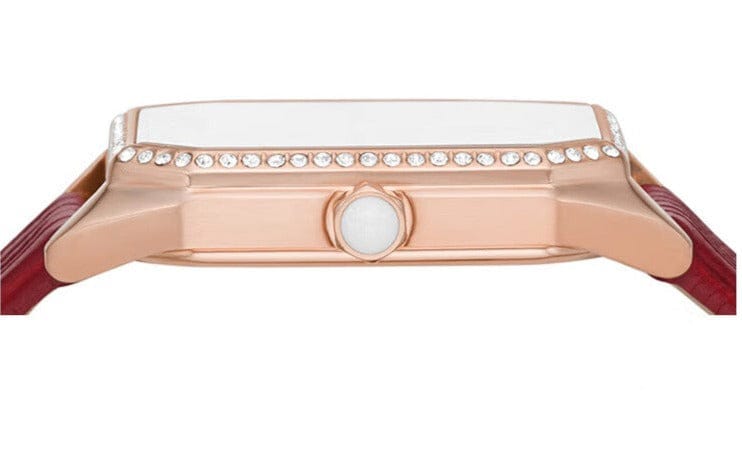 Emporio Armani Gianni T Bar Two-Hand Mother of Pearl Dial Red Leather Strap Watch For Women - AR11467