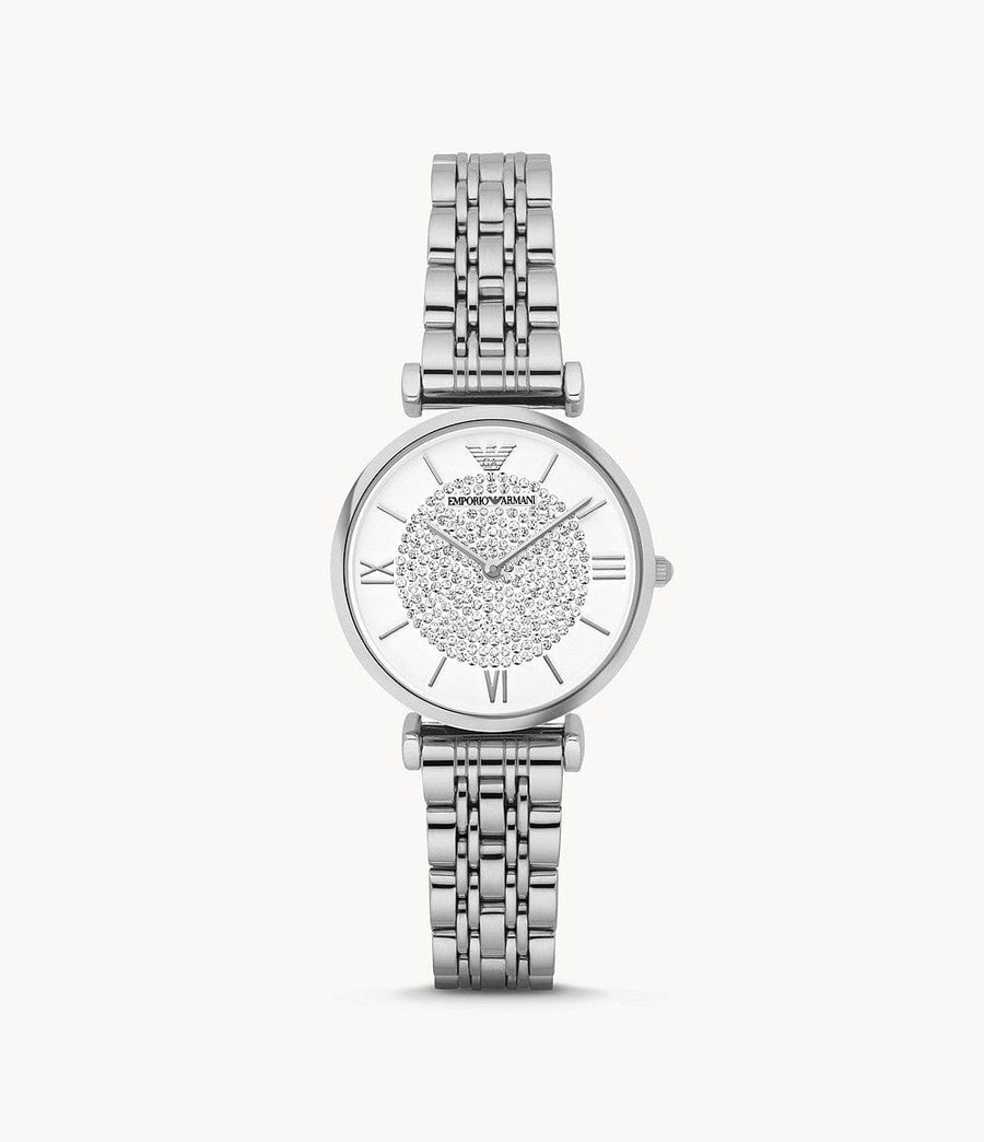 Emporio Armani Gianni T Bar White Crystal Pave Dial Silver Stainless Steel Strap Watch For Women - AR1925