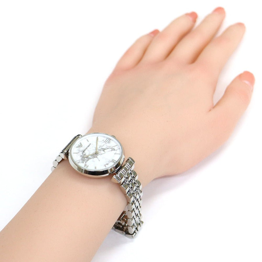 Emporio Armani Gianni T Bar White Marble Dial Silver Steel Strap Watch For Women - AR11170