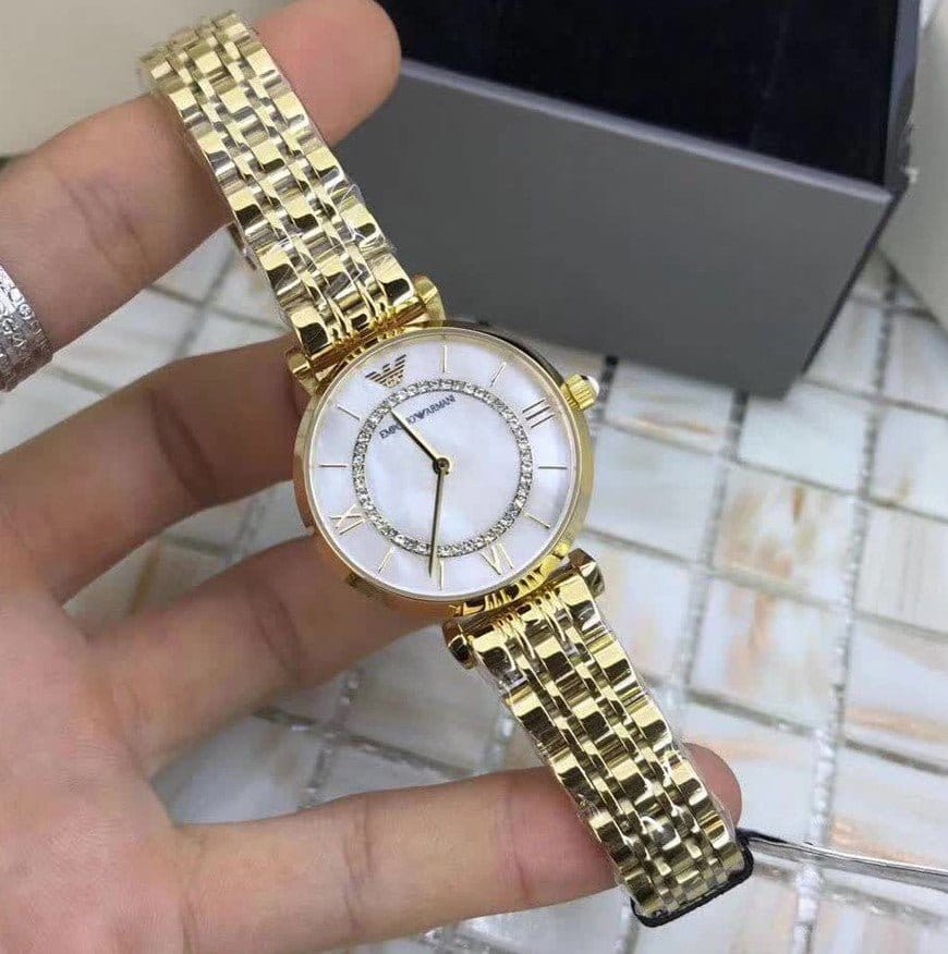Emporio Armani Gianni T Bar White Mother of Pearl Dial Gold Steel Strap Watch For Women - AR1907