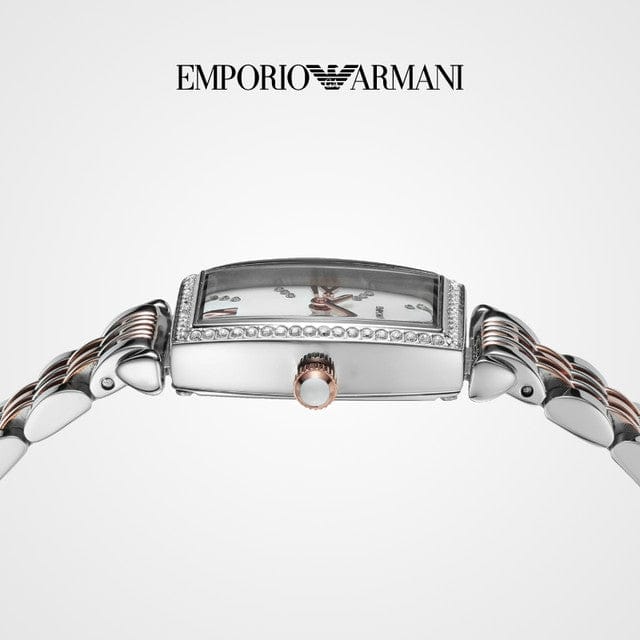 Emporio Armani Gianni T Bar White Mother Of Pearl Dial Two Tone Steel Strap Watch For Women - AR11519