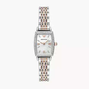 Emporio Armani Gianni T Bar White Mother Of Pearl Dial Two Tone Steel Strap Watch For Women - AR11519