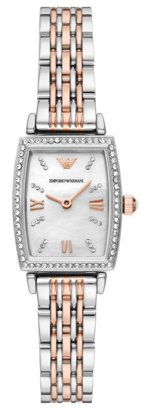 Emporio Armani Gianni T Bar White Mother Of Pearl Dial Two Tone Steel Strap Watch For Women - AR11519