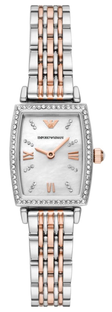 Emporio Armani Gianni T Bar White Mother Of Pearl Dial Two Tone Steel Strap Watch For Women - AR11519