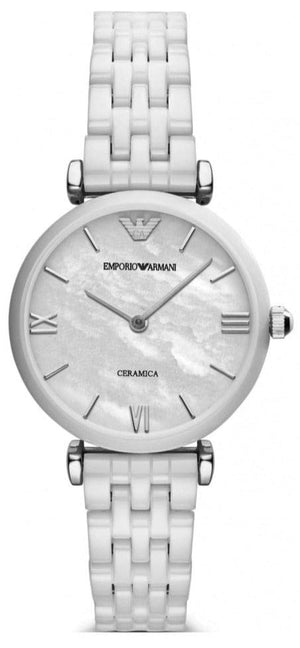 Emporio Armani Giannti T Bar Quartz Mother of Pearl Dial White Steel Strap Watch For Women - AR1485