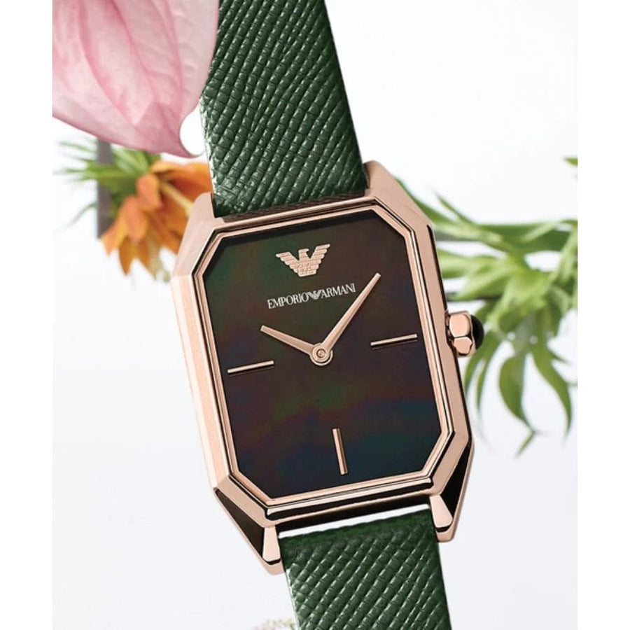 Emporio Armani Gioia Analog Black Mother of Pearl Dial Green Leather Strap Watch For Women - AR11149