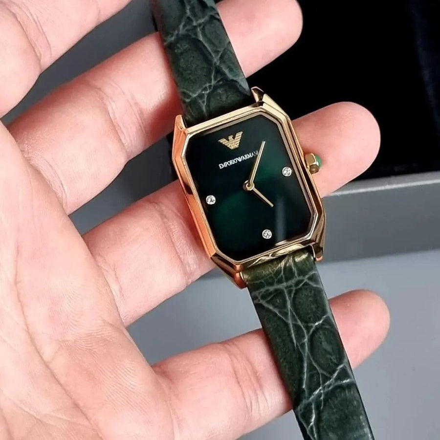 Emporio Armani Gioia Analog Black Mother of Pearl Dial Green Leather Strap Watch For Women - AR11149