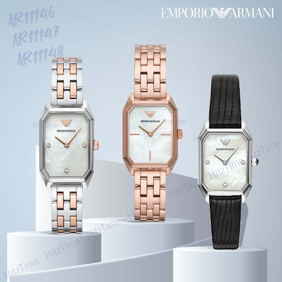 Emporio Armani Gioia Analog Mother of Pearl Dial Black Leather Strap Watch For Women - AR11148