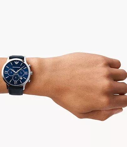 Emporio Armani Giovanni T Bar Chronograph Quartz Blue Dial Blue Leather Strap Watch For Men - AR11226