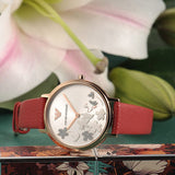 Emporio Armani Kappa Classic Quartz Silver Dial Red Leather Strap Watch For Women - AR11114