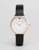 Emporio Armani Kappa Mother of Pearl Dial Black Leather Strap Watch For Women - AR80011