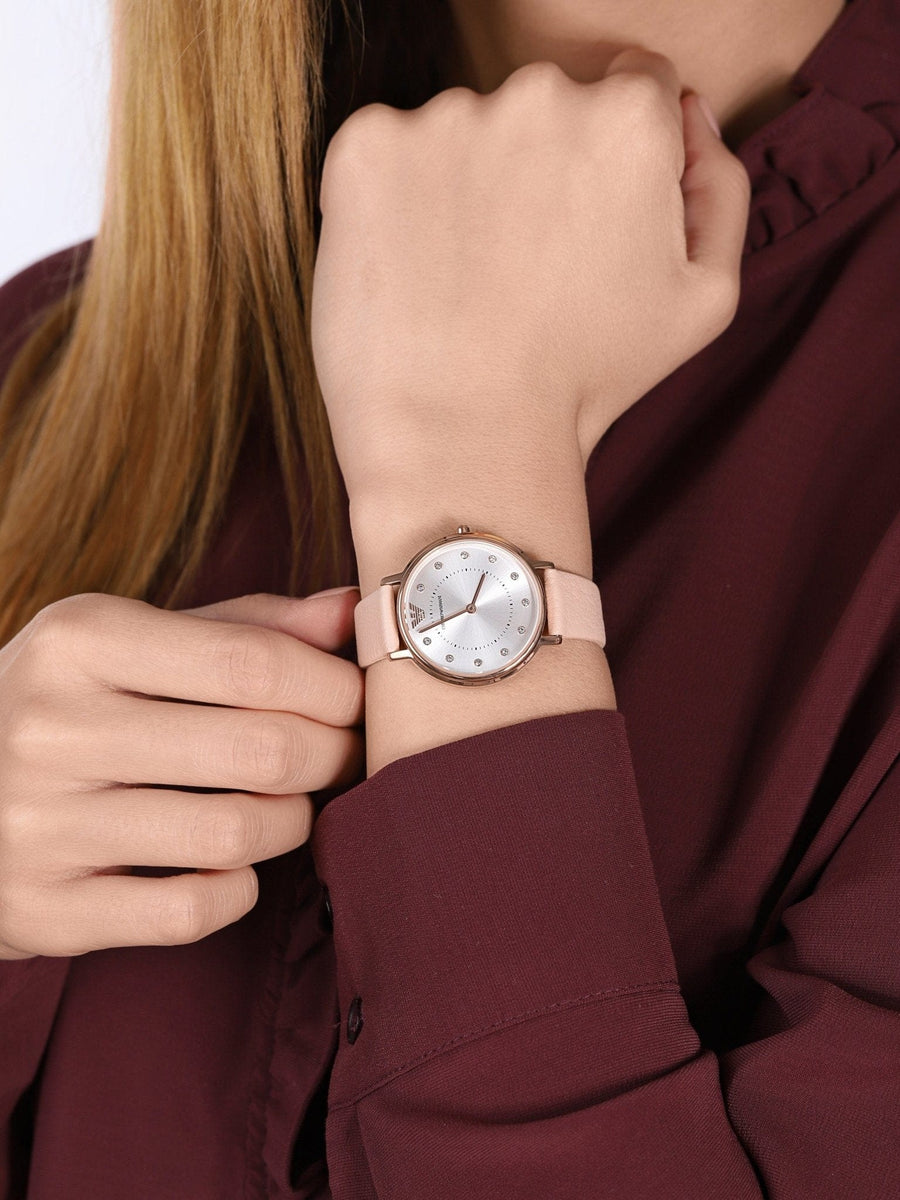 Emporio Armani Kappa Rose Gold & White Dial Beige Nude Leather Strap Watch For Women - AR2510
