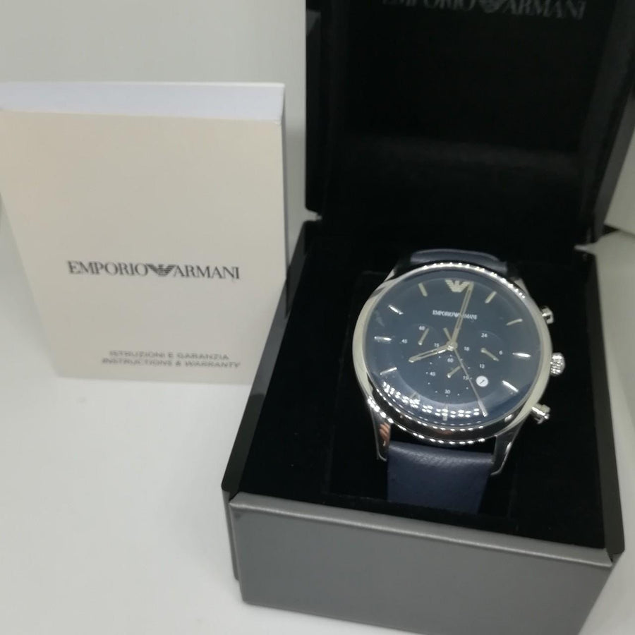 Emporio Armani Lambda Chronograph Blue Dial Blue Leather Strap Watch For Men - AR11018