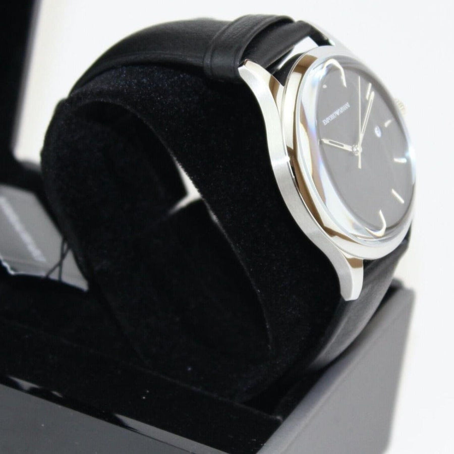 Emporio Armani Lambda Classic Quartz Black Dial Black Leather Strap Watch For Men - AR11020