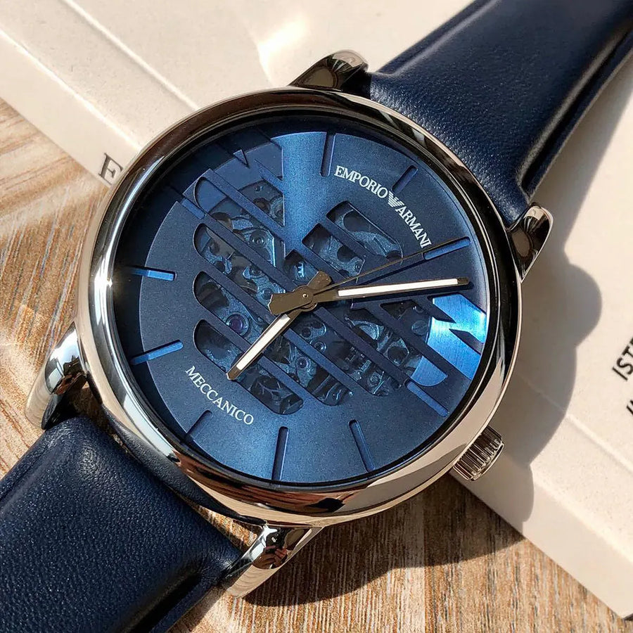Emporio Armani Luigi Automatic Blue Dial Blue Leather Strap Watch For Men - AR60030