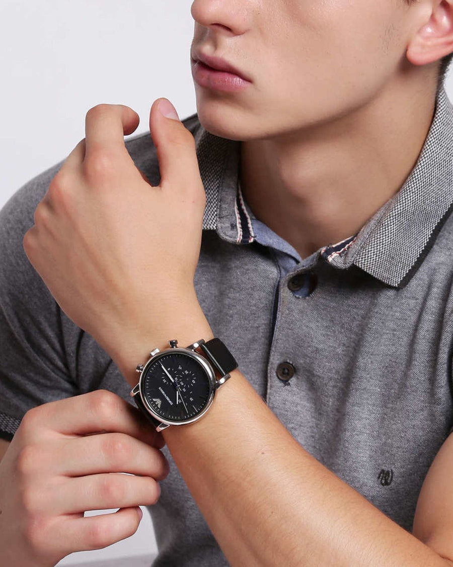 Emporio Armani Luigi Chronograph Black Dial Black Leather Watch For Men - AR1828