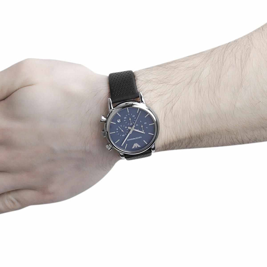 Emporio Armani Luigi Chronograph Blue Dial Black Leather Strap Watch For Men - AR1736