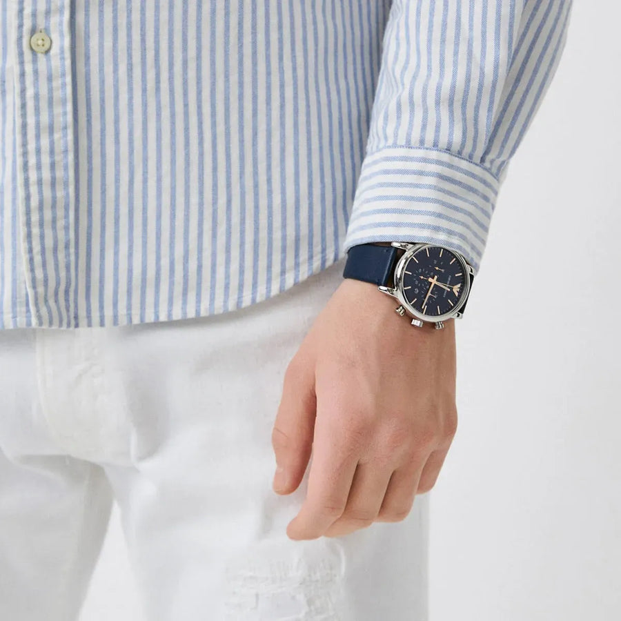 Emporio Armani Luigi Chronograph Blue Dial Blue Leather Strap Watch For Men - AR11451
