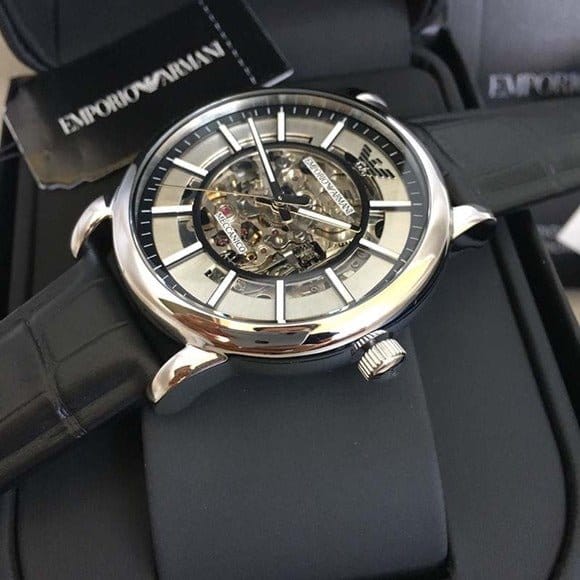 Emporio Armani Luigi Silver Skeleton Dial Black Leather Strap Watch For Men - AR1981