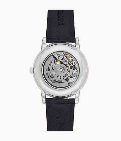 Emporio Armani Luigi Silver Skeleton Dial Black Leather Strap Watch For Men - AR1981