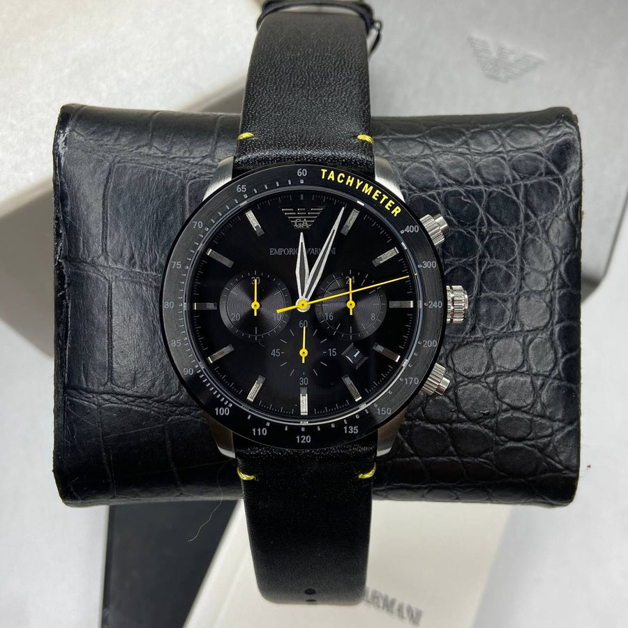Emporio Armani Mario Chronograph Black Dial Black Leather Strap Watch For Men - AR11325