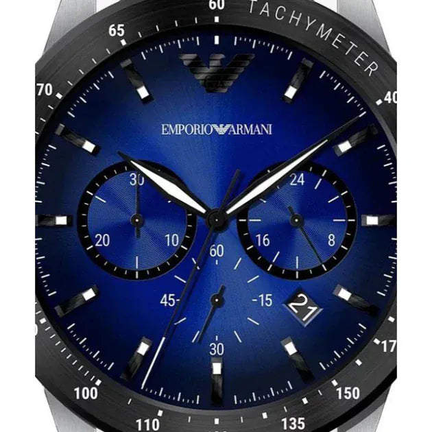Emporio Armani Mario Chronograph Blue Dial Black Leather Strap Watch For Men - AR11522