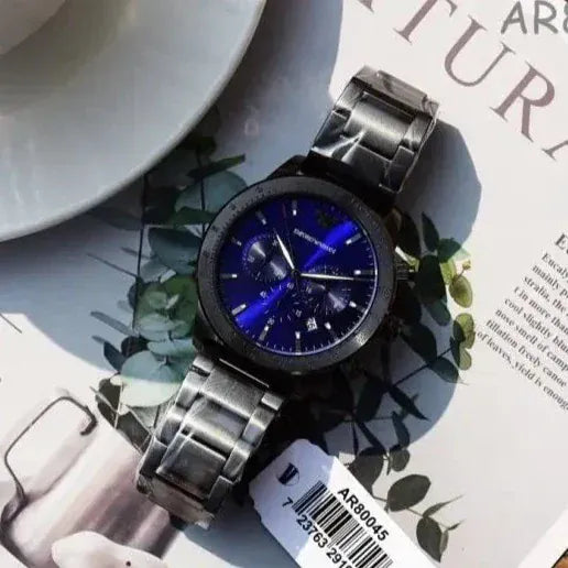 Emporio Armani Mario Chronograph Blue Dial Grey Steel Strap Watch For Men - AR80045