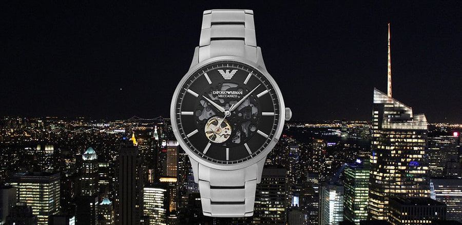 Emporio Armani Meccanico Automatic Black Dial Silver Steel Strap Watch For Men - AR60055